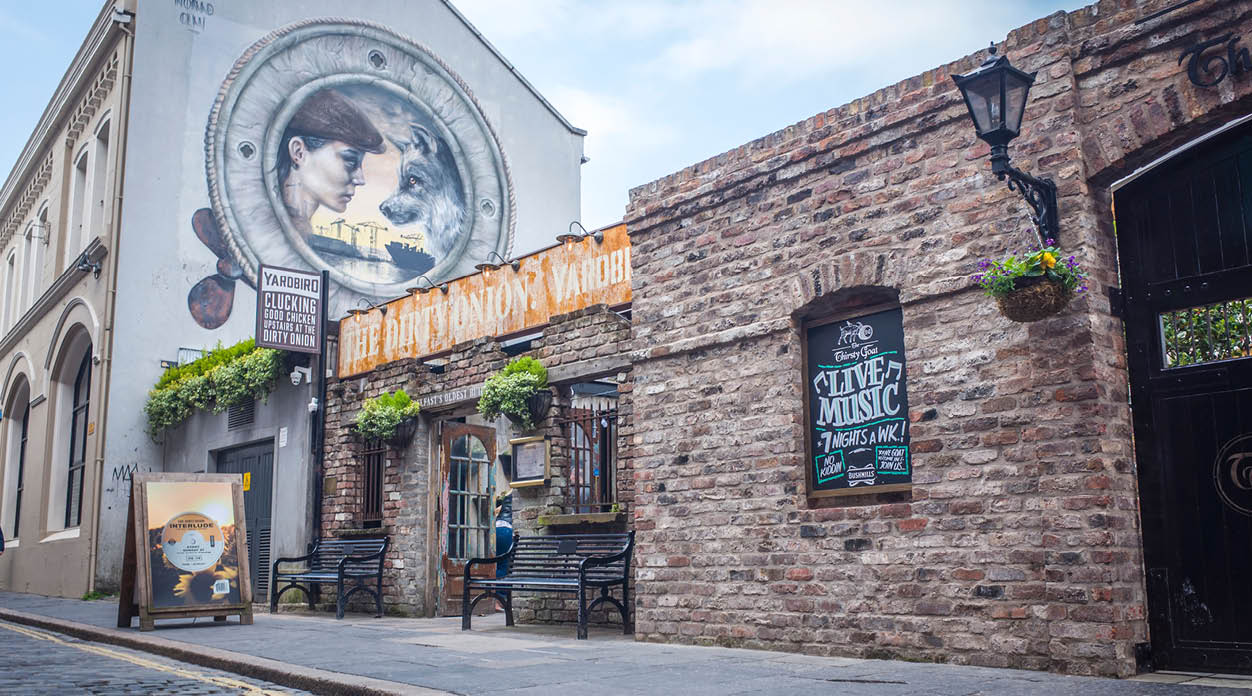 BELFAST, NORTHERN IRELAND- MAY, 2018: Belfast's Cathedral Quarter, a popular area of Belfast City for its nightlife, bars and restaurants
