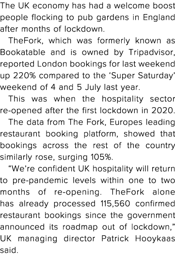 The UK economy has had a welcome boost people flocking to pub gardens in England after months of lockdown  TheFork, w   