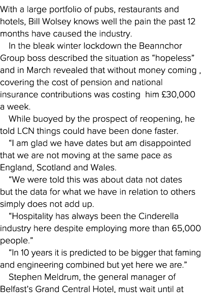 With a large portfolio of pubs, restaurants and hotels, Bill Wolsey knows well the pain the past 12 months have cause   