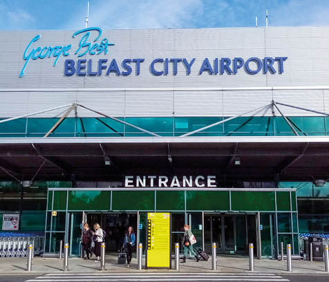 Belfast, UK, July, 2019  The front entrance of George Best Belfast City Airport in a sunny day  