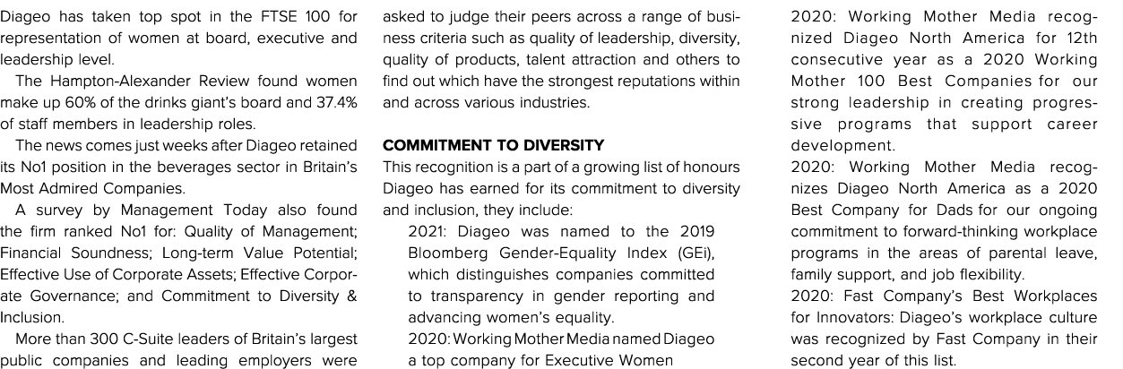 Diageo has taken top spot in the FTSE 100 for representation of women at board, executive and leadership level  The H   