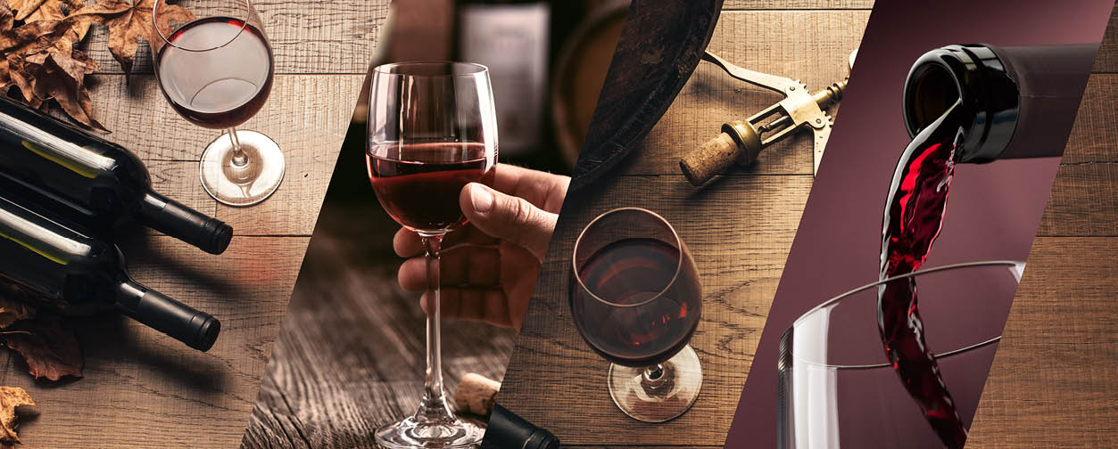 Wine tasting and winemaking photo collage with wine glasses and bottles