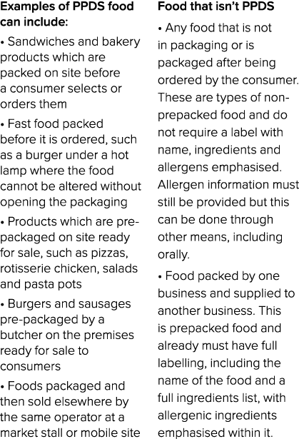 Examples of PPDS food can include:   Sandwiches and bakery products which are packed on site before a consumer select   