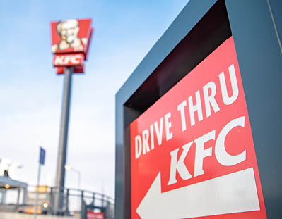 Olomouc - February 13, 2020: directional signs for KFC store  Drive Thru service
