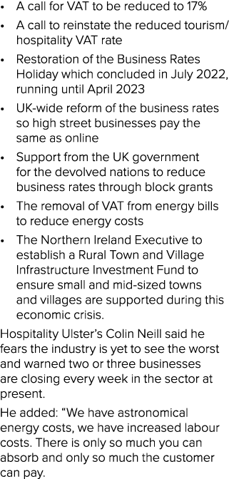   A call for VAT to be reduced to 17%   A call to reinstate the reduced tourism hospitality VAT rate   Restoration of   