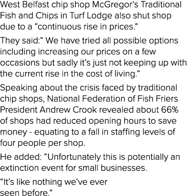 West Belfast chip shop McGregor s Traditional Fish and Chips in Turf Lodge also shut shop due to a  continuous rise i   