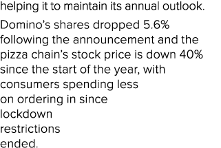 helping it to maintain its annual outlook  Domino s shares dropped 5 6% following the announcement and the pizza chai   