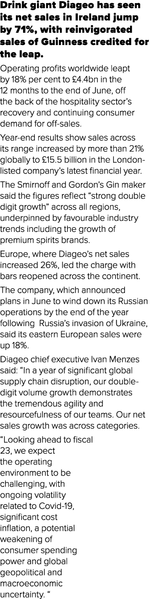 Drink giant Diageo has seen its net sales in Ireland jump by 71%, with reinvigorated sales of Guinness credited for t   