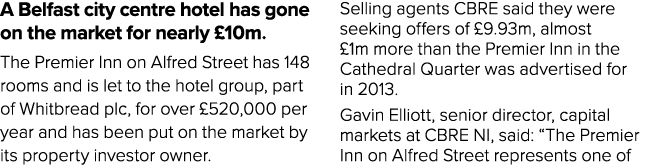 A Belfast city centre hotel has gone on the market for nearly  10m  The Premier Inn on Alfred Street has 148 rooms an   