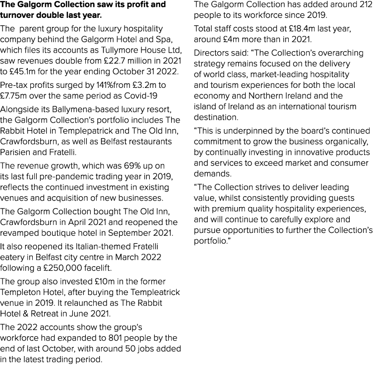 The Galgorm Collection saw its profit and turnover double last year. The parent group for the luxury hospitality comp...