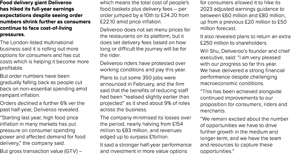 Food delivery giant Deliveroo has hiked its full year earnings expectations despite seeing order numbers shrink furth...