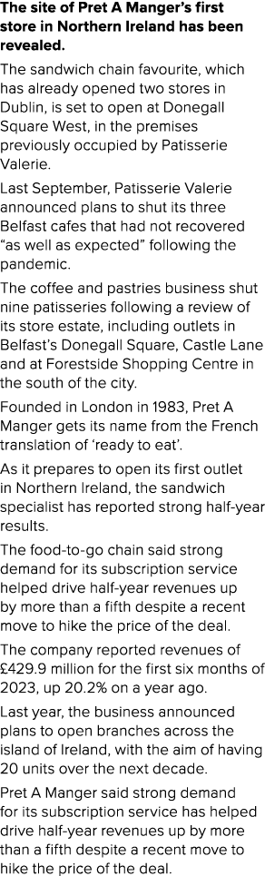 The site of Pret A Manger’s first store in Northern Ireland has been revealed. The sandwich chain favourite, which ha...