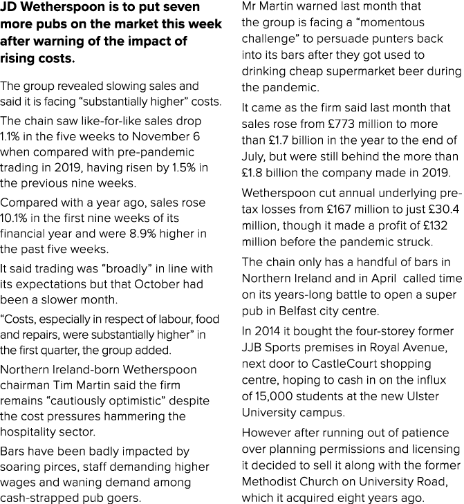 JD Wetherspoon is to put seven more pubs on the market this week after warning of the impact of rising costs. The gro...