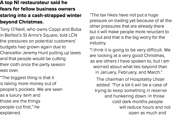 A top NI restaurateur said he fears for fellow business owners staring into a cash strapped winter beyond Christmas. ...