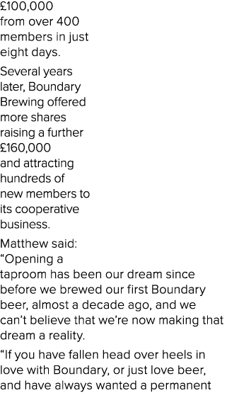 £100,000 from over 400 members in just eight days. Several years later, Boundary Brewing offered more shares raising ...