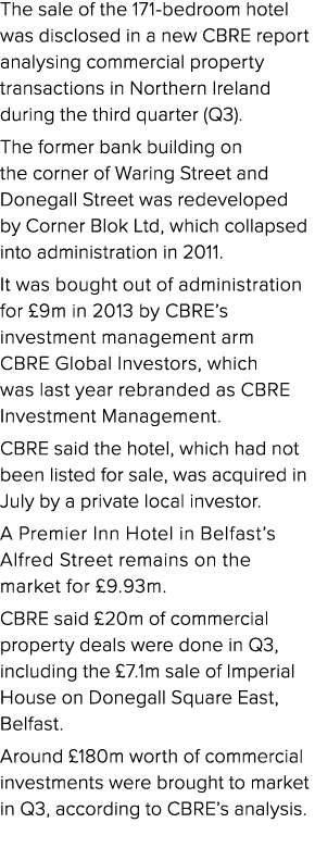 The sale of the 171 bedroom hotel was disclosed in a new CBRE report analysing commercial property transactions in No...