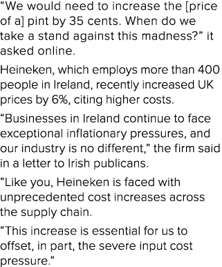 “We would need to increase the [price of a] pint by 35 cents. When do we take a stand against this madness?” it asked...