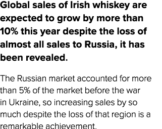 Global sales of Irish whiskey are expected to grow by more than 10% this year despite the loss of almost all sales to...