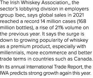 The Irish Whiskey Association,, the sector’s lobbying division in employers group Ibec, says global sales in 2021 rea...