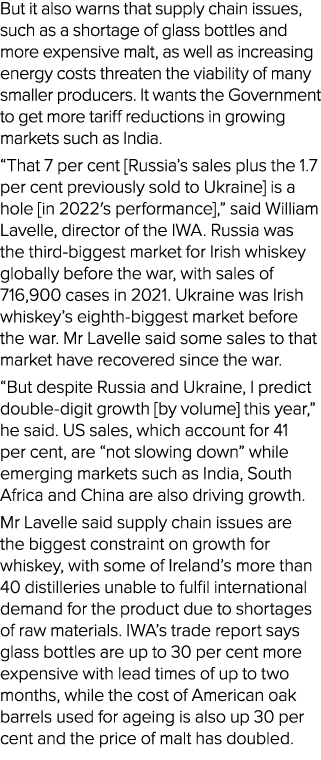 But it also warns that supply chain issues, such as a shortage of glass bottles and more expensive malt, as well as i...