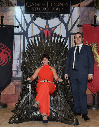 NO REPRO FEE 08/11/2022, London – The recovery in overseas tourism continues, with 2022 expected to finish at around 75% of 2019 business – according to Tourism Ireland. As Tourism Ireland now prepares for 2023, the organisation is mounting its biggest-ever presence at World Travel Market (WTM) in London this week. PIC SHOWS: Judy Hutton, Game of Thrones Studio Tour; and David Wood, Tourism Ireland, with the famous Iron Throne from the Game of Thrones Studio Tour, at World Travel Market in London. Pic – Malcolm McNally (no repro fee) Further press info – Elaine Moore, Tourism Ireland tel: 077 6652 7719 