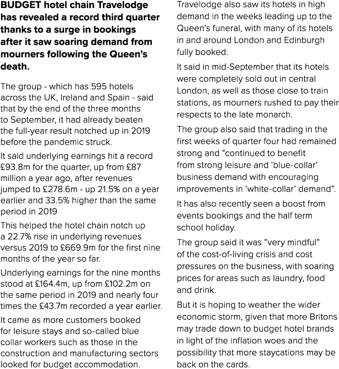 BUDGET hotel chain Travelodge has revealed a record third quarter thanks to a surge in bookings after it saw soaring ...