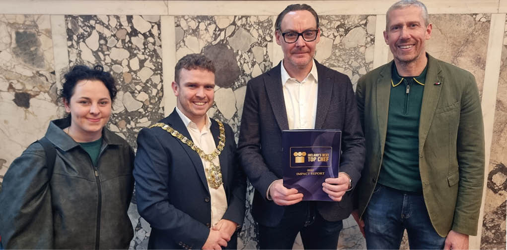 John Trainor of the Balmoral Hotel in Dunmurry and Stix & Stones restaurants is spearheading a call for government support to overcome a crisis in staff and skills shortages to secure the future of Northern Ireland's vibrant hospitality industry. The call to action supports the launch of an impact report on the hugely successful inaugural Ireland's Next Top Chef competition and the findings shed light on the challenges faced by the hospitality sector.    Pictured with John Trainor, Event Director of Ireland's Next Top Chef and Operational Director of Balmoral Hotel in Dunmurry and Stix & Stones restaurants in Belfast (right) is Kerry Roper, 2023 Great British Menu contestant and Executive Chef at the Balmoral Hotel in Belfast, Councillor Ryan Murphy, Lord Mayor of Belfast and award-winning Chef Danny Millar.   