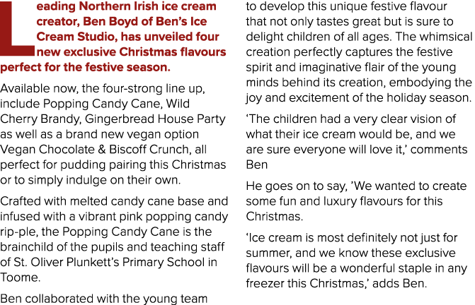 Leading Northern Irish ice cream creator, Ben Boyd of Ben’s Ice Cream Studio, has unveiled four new exclusive Christm...