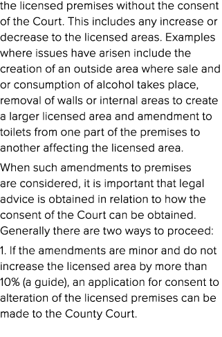 the licensed premises without the consent of the Court. This includes any increase or decrease to the licensed areas....