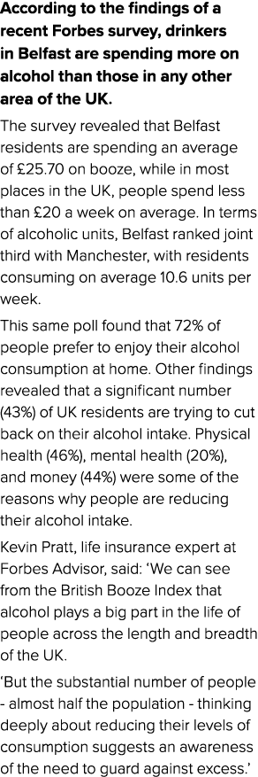 According to the findings of a recent Forbes survey, drinkers in Belfast are spending more on alcohol than those in a...