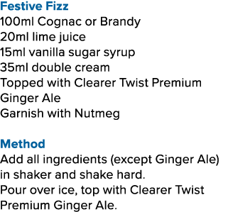 Festive Fizz 100ml Cognac or Brandy 20ml lime juice 15ml vanilla sugar syrup 35ml double cream Topped with Clearer Tw...
