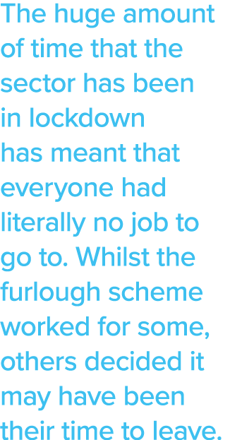 The huge amount of time that the sector has been in lockdown has meant that everyone had literally no job to go to  W   