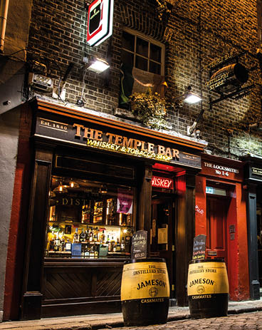 Dublin Ireland jan 22 2017 - Night street scene in the Dublin, Ireland Temple bar historic district  This landmark medieval area is known as Dublins cultural quarter with lively nightlife 