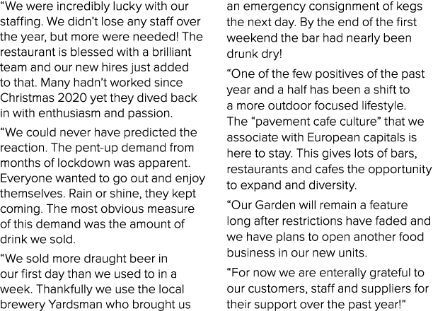  We were incredibly lucky with our staffing  We didn t lose any staff over the year, but more were needed  The restau   
