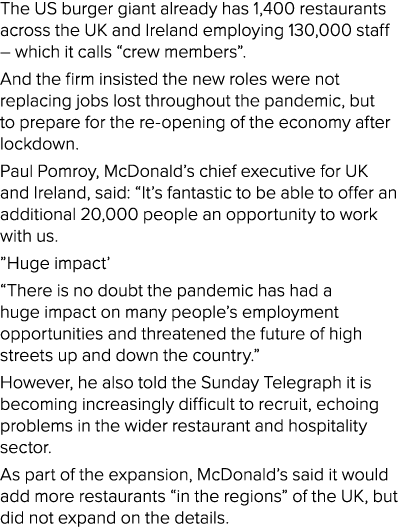 The US burger giant already has 1,400 restaurants across the UK and Ireland employing 130,000 staff   which it calls    