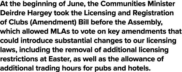 At the beginning of June, the Communities Minister Deirdre Hargey took the Licensing and Registration of Clubs (Amend   