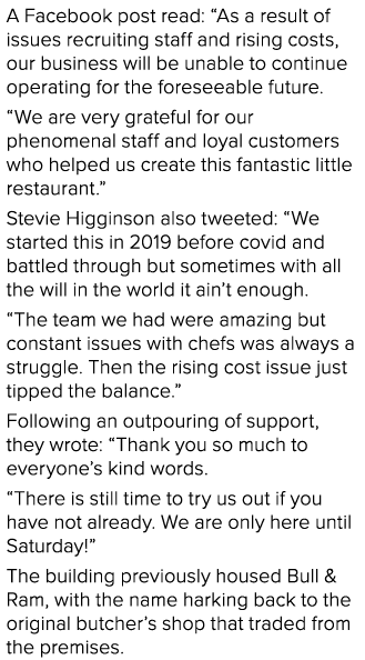 A Facebook post read:  As a result of issues recruiting staff and rising costs, our business will be unable to contin   