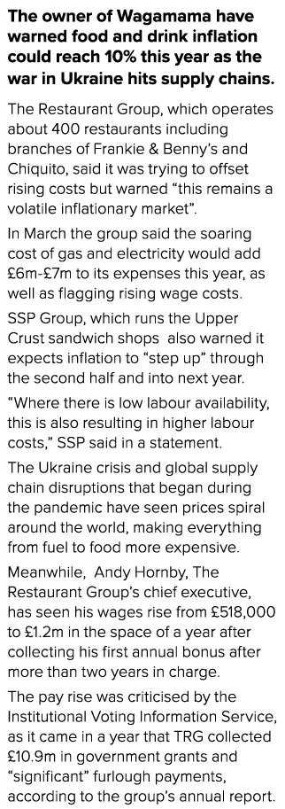 The owner of Wagamama have warned food and drink inflation could reach 10% this year as the war in Ukraine hits suppl   