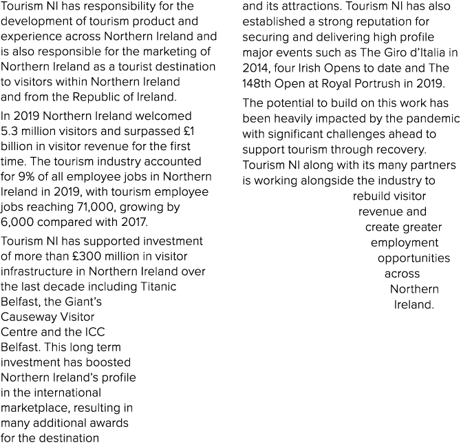 Tourism NI has responsibility for the development of tourism product and experience across Northern Ireland and is al   