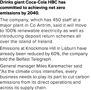 Drinks giant Coca-Cola HBC has committed to achieving net zero emissions by 2040  The company, which has 450 staff at   