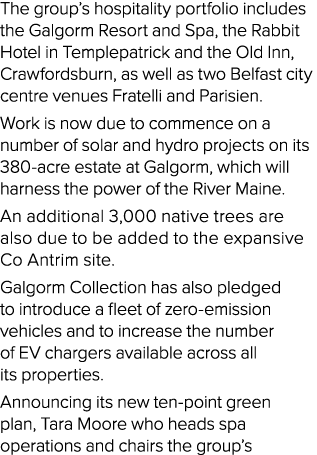 The group s hospitality portfolio includes the Galgorm Resort and Spa, the Rabbit Hotel in Templepatrick and the Old    