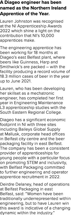 A Diageo engineer has been named as the Northern Ireland Apprentice of the Year  Lauren Johnston was recognised at th   