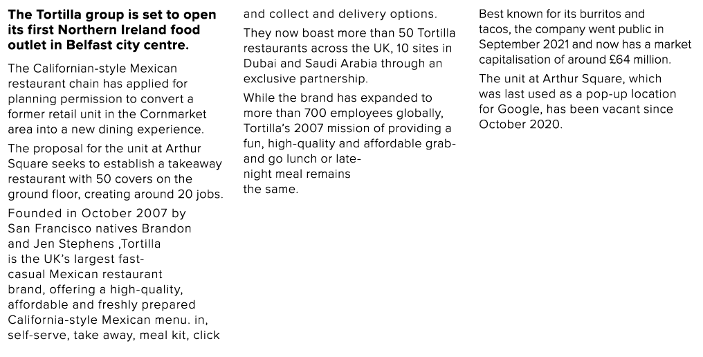 The Tortilla group is set to open its first Northern Ireland food outlet in Belfast city centre  The Californian-styl   