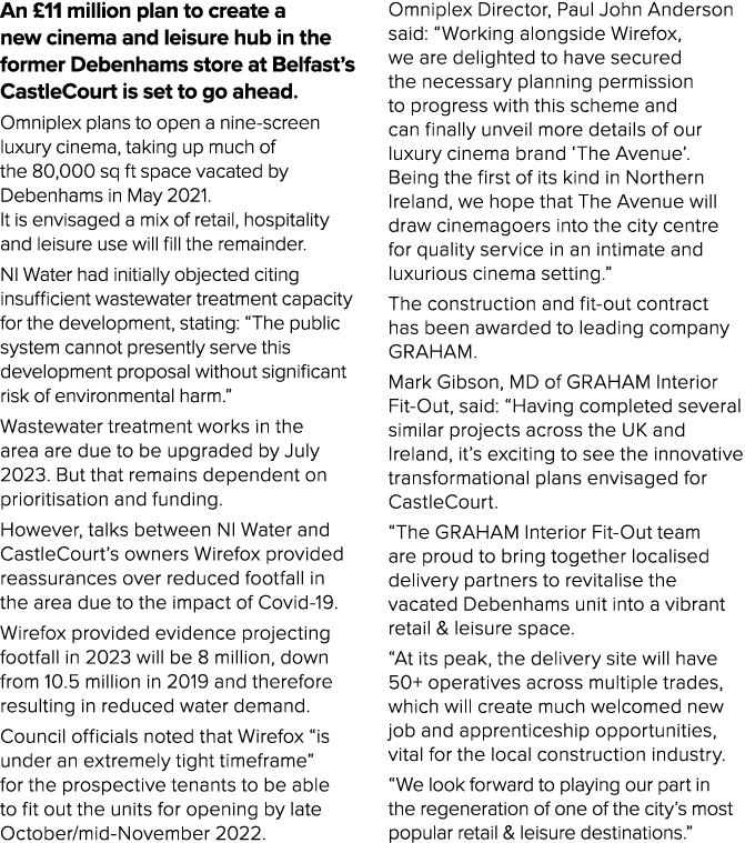 An  11 million plan to create a new cinema and leisure hub in the former Debenhams store at Belfast s CastleCourt is    