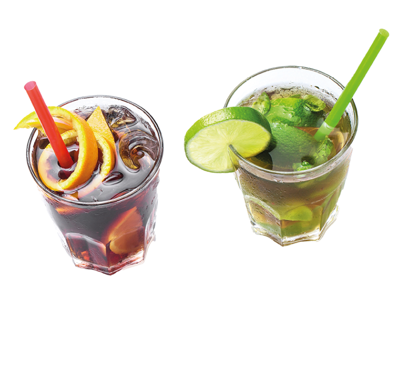 Glasses of different soft drinks or highball cocktails on white background