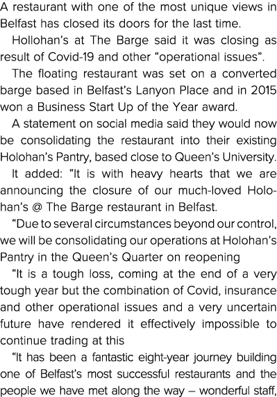 A restaurant with one of the most unique views in Belfast has closed its doors for the last time  Hollohan s at The B   