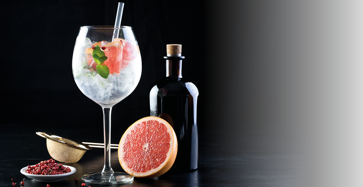 fancy gin and tonic selection drink alcohol cocktail craft fresh fruit spices mint glass bar 