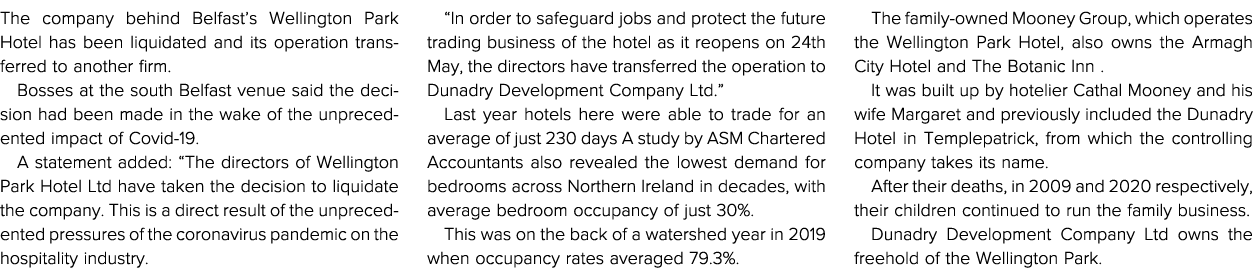 The company behind Belfast s Wellington Park Hotel has been liquidated and its operation transferred to another firm    