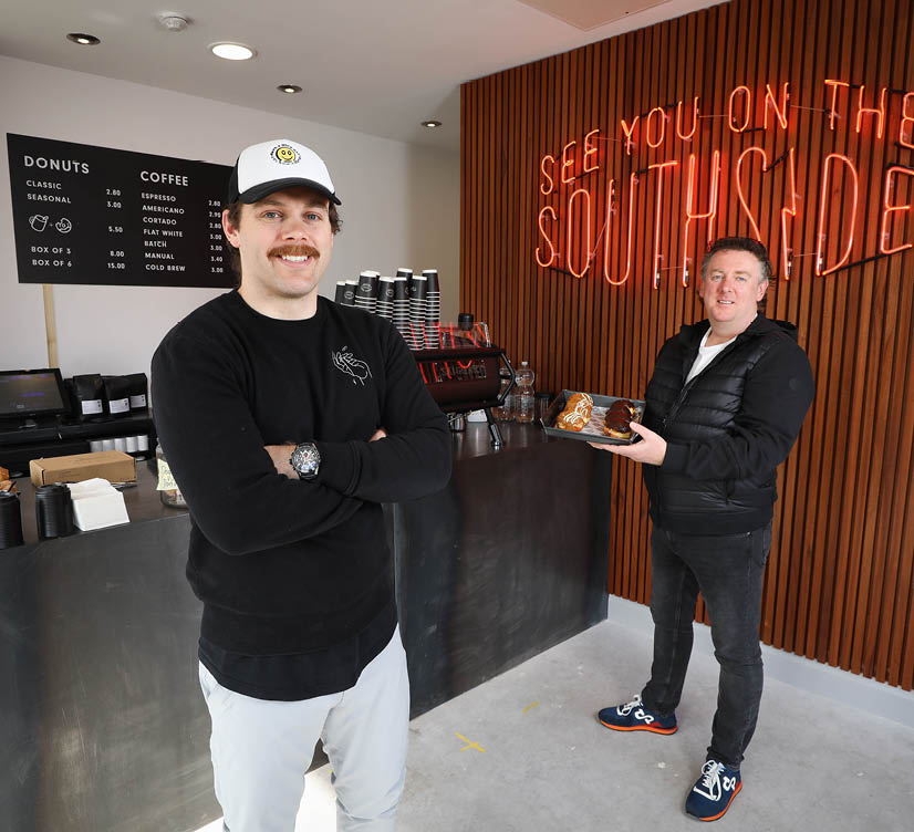 Press Eye - Belfast - Northern Ireland - 26th April 2021  Guilt Trip Coffee + Donuts announce their ninth store opening on Belfast's Lisburn Road creating six jobs after a  50,000 investment  Pictured are Darren Cave, co-founder and director Adrian McLaughlin   Photo by Kelvin Boyes   Press Eye