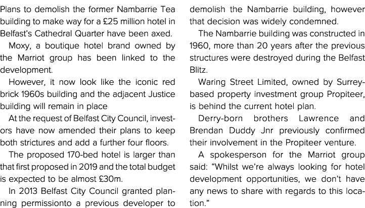 Plans to demolish the former Nambarrie Tea building to make way for a  25 million hotel in Belfast s Cathedral Quarte   